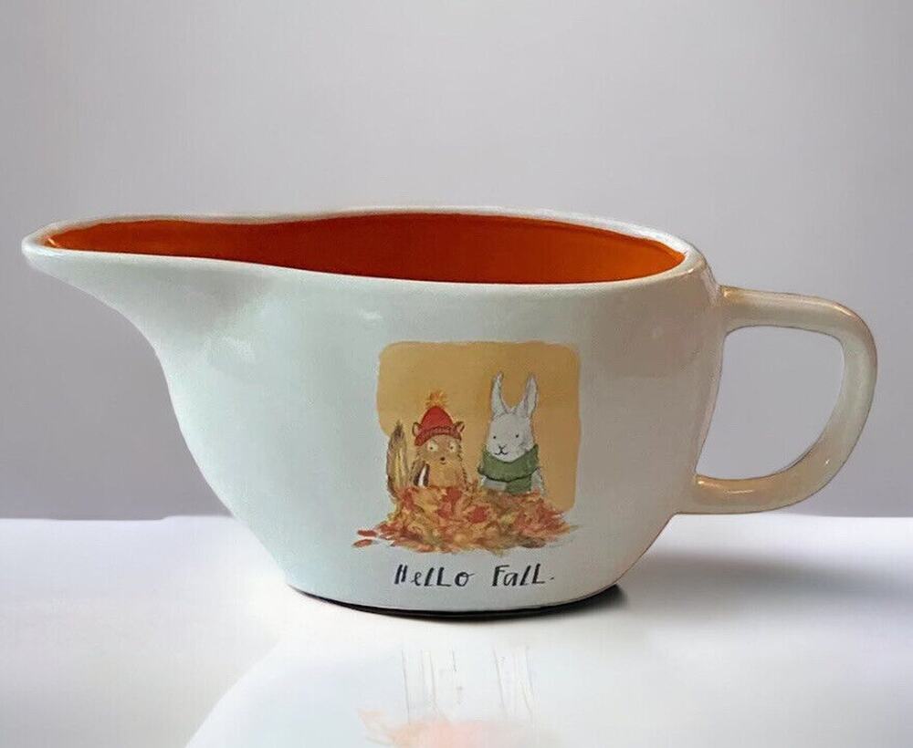 Rae Dunn Hello Fall Gravy Boat Squirrel Rabbit Thanksgiving Woodland Orange